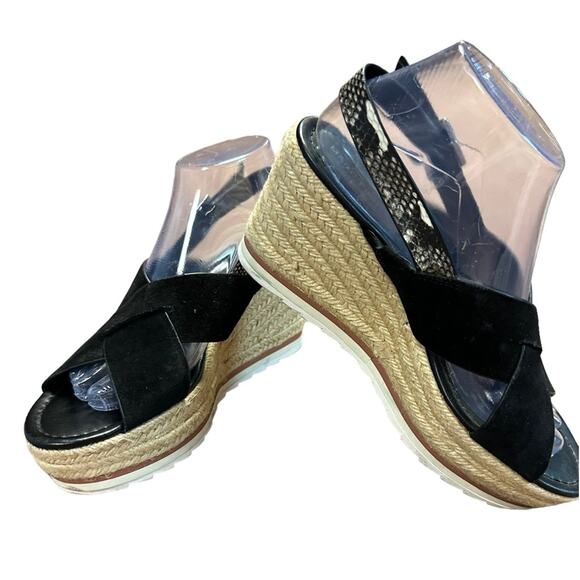 Marc Fisher Womens Size 9 Black Suede and Snakeskin Wedges with Sisal Heels - Picture 2 of 7